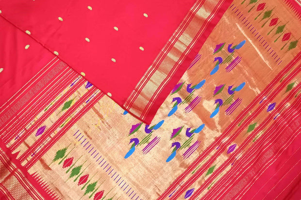 Handwoven Paithani pure silk saree in  red with small mango motifs on the body