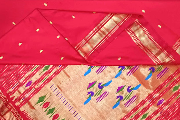Handwoven Paithani pure silk saree in  red with small mango motifs on the body