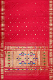 Handwoven Paithani pure silk saree in  red with small mango motifs on the body