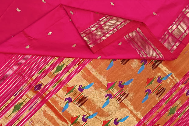 Handwoven Paithani pure silk saree in pink with small mango motifs