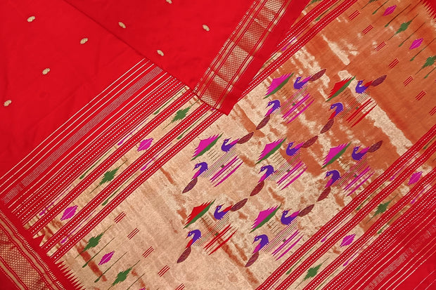 Handwoven Paithani pure silk saree in red with small mango motifs