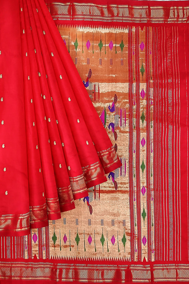 Handwoven Paithani pure silk saree in red with small mango motifs