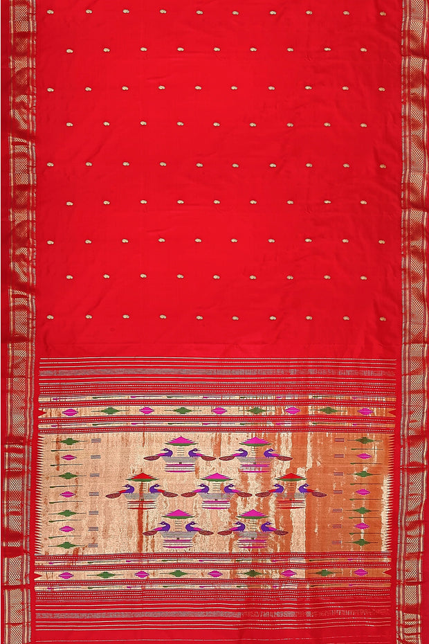 Handwoven Paithani pure silk saree in red with small mango motifs