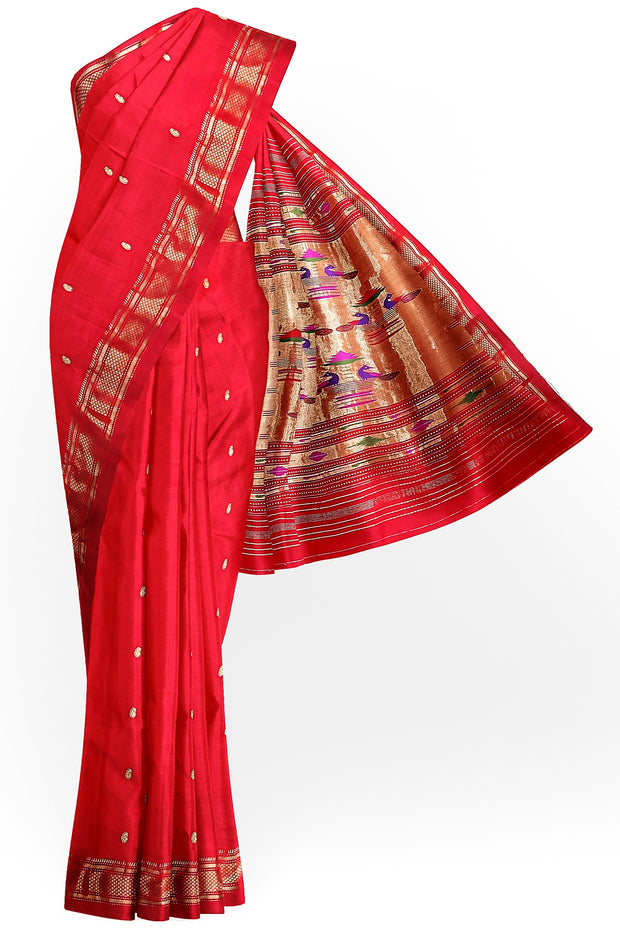 Handwoven Paithani pure silk saree in red with small mango motifs