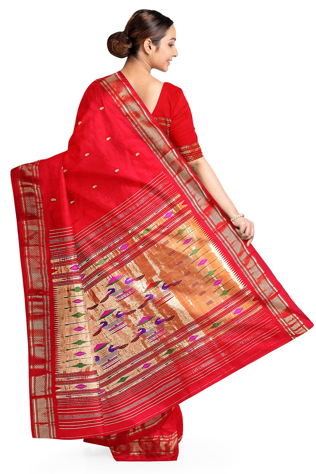 Handwoven Paithani pure silk saree in red with small mango motifs