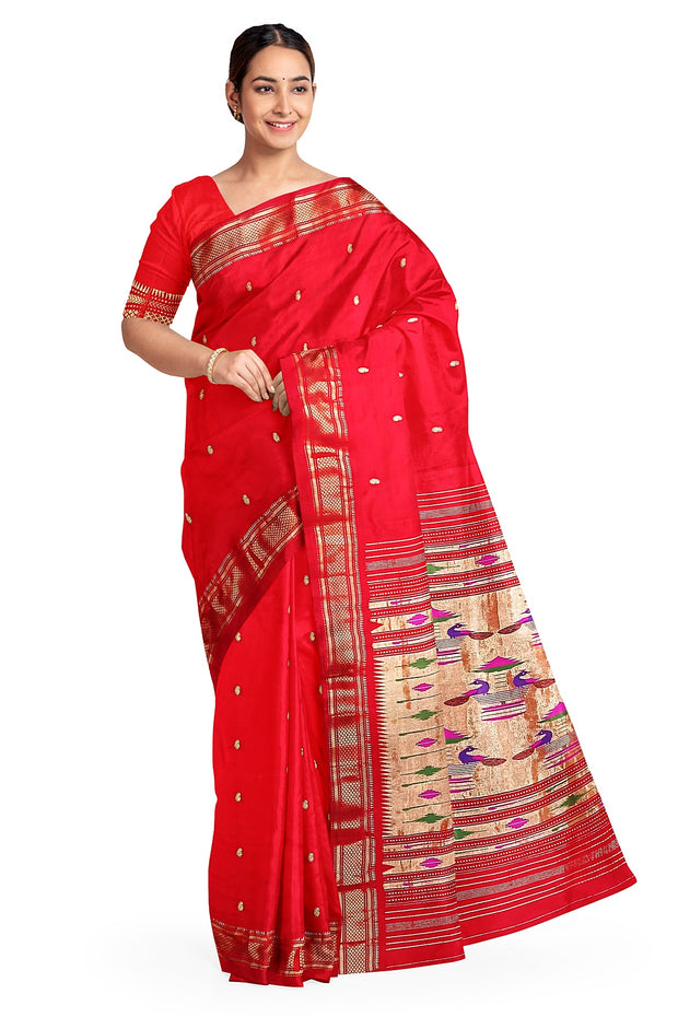 Handwoven Paithani pure silk saree in red with small mango motifs