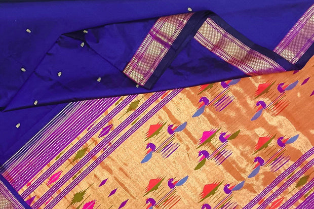 Handwoven Paithani pure silk saree in royal blue with paisley motifs