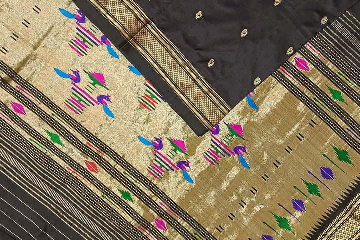 Handwoven Paithani pure silk saree in black with peacock motifs