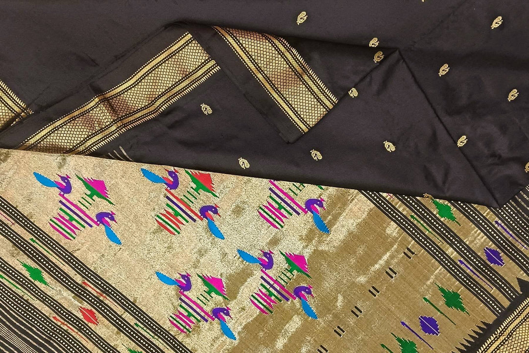 Handwoven Paithani pure silk saree in black with peacock motifs