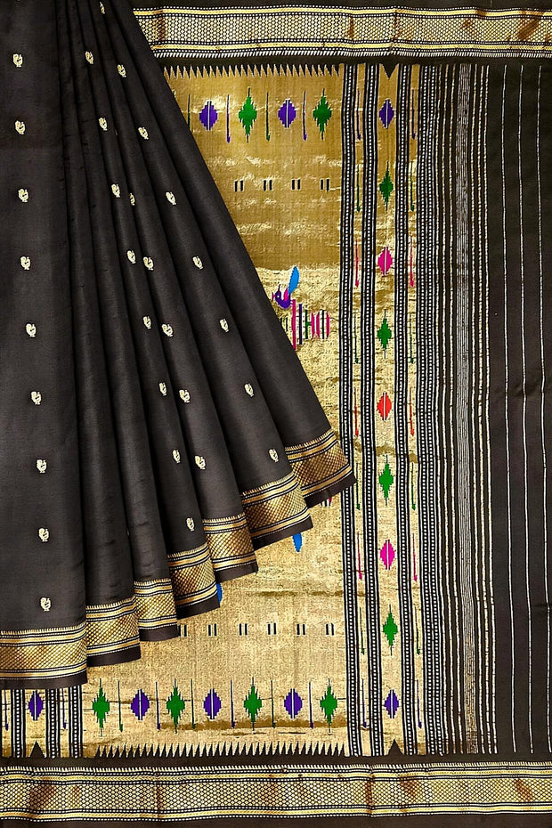 Handwoven Paithani pure silk saree in black with peacock motifs
