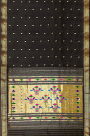 Handwoven Paithani pure silk saree in black with peacock motifs