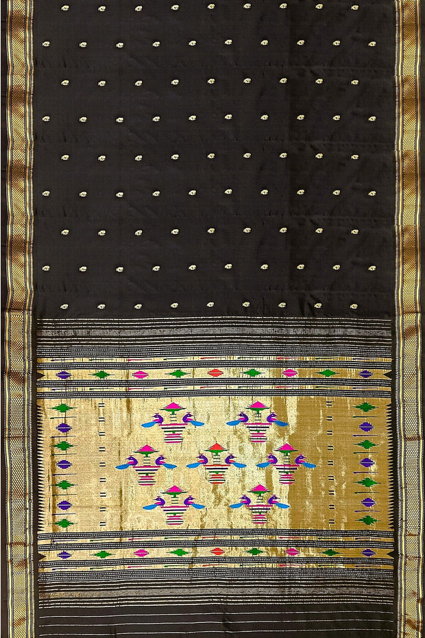 Handwoven Paithani pure silk saree in black with peacock motifs