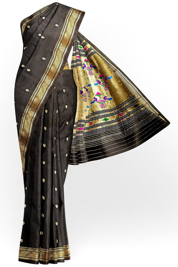 Handwoven Paithani pure silk saree in black with peacock motifs