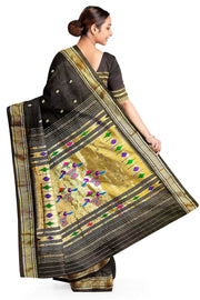 Handwoven Paithani pure silk saree in black with peacock motifs