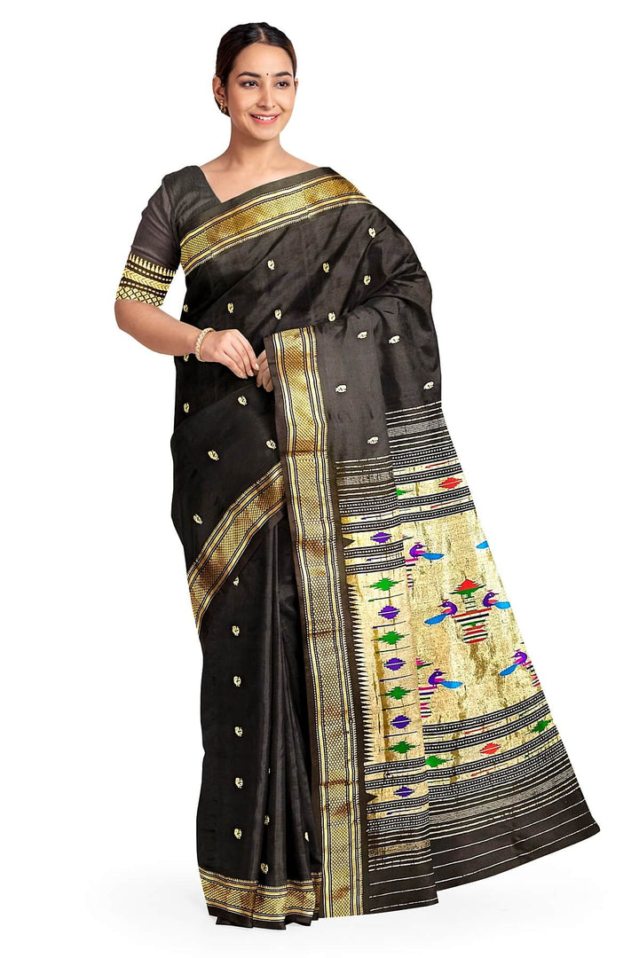 Handwoven Paithani pure silk saree in black with peacock motifs