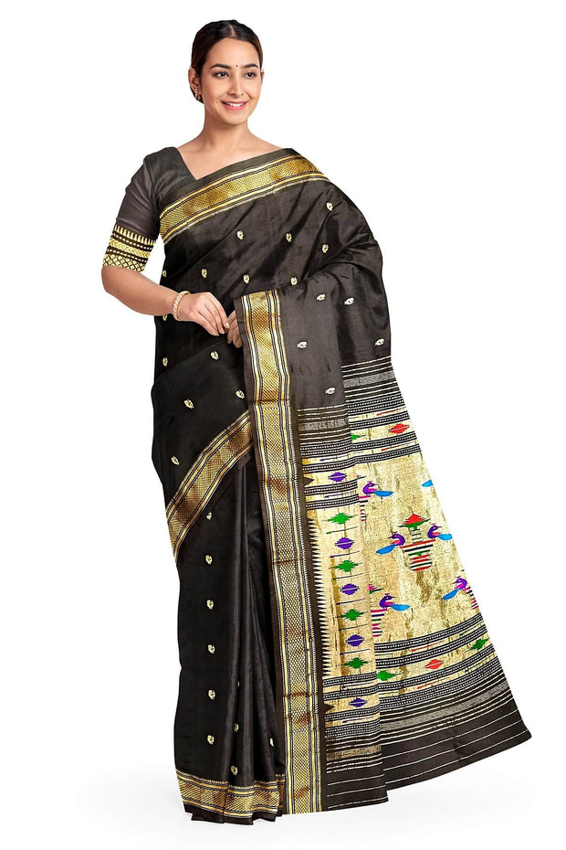 Handwoven Paithani pure silk saree in black with peacock motifs