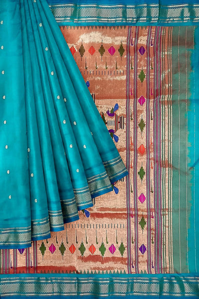 Handwoven Paithani pure silk saree in teal blue with paisley motifs