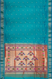Handwoven Paithani pure silk saree in teal blue with paisley motifs