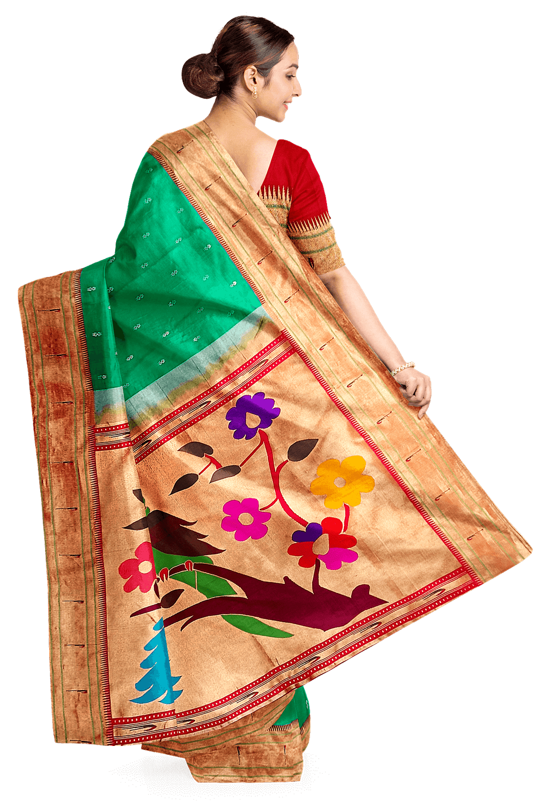 Paithani pure silk saree in Rama green  with small motifs with a muniya border
