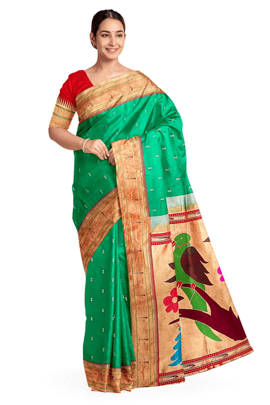 Paithani pure silk saree in Rama green  with small motifs with a muniya border