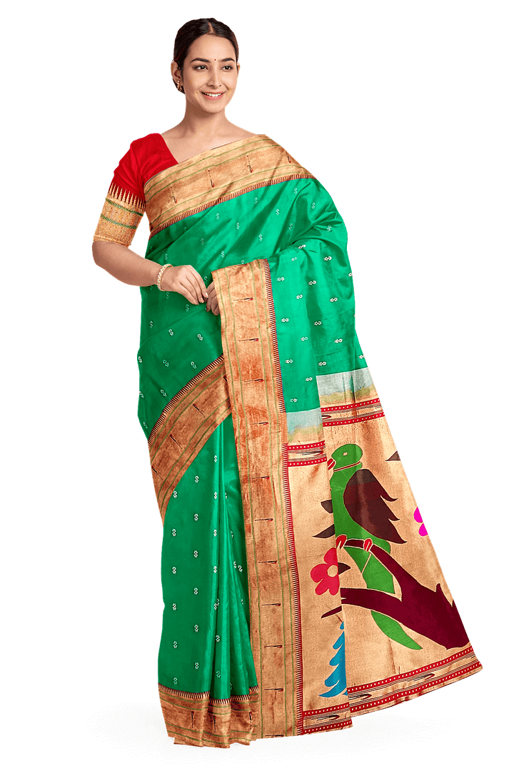 Paithani pure silk saree in Rama green  with small motifs with a muniya border