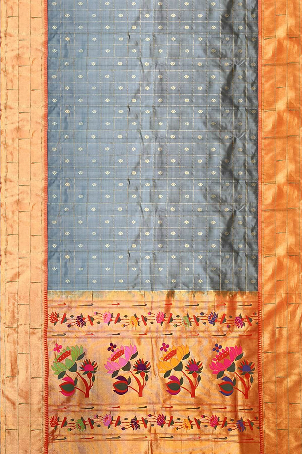 Paithani pure silk saree in grey with checks & buttis on the body .