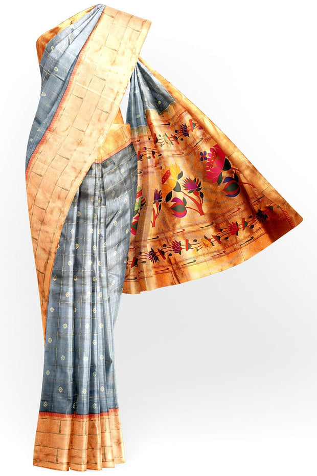 Paithani pure silk saree in grey with checks & buttis on the body .