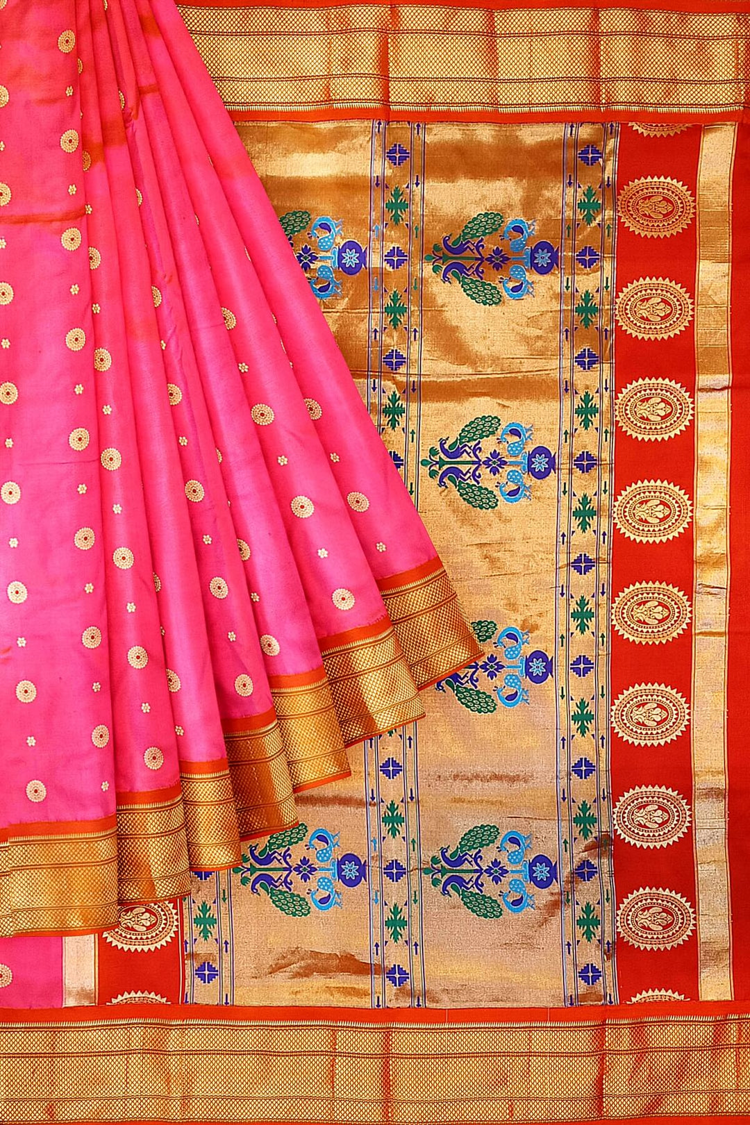 Paithani pure silk saree in pink with small buttis all over the