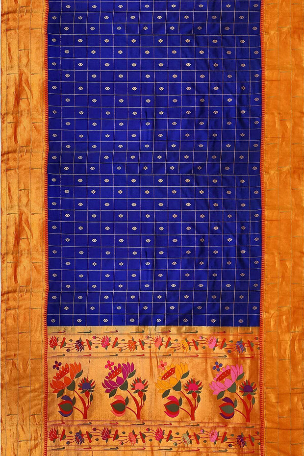 Paithani pure silk saree in violet with checks & buttis on the body .