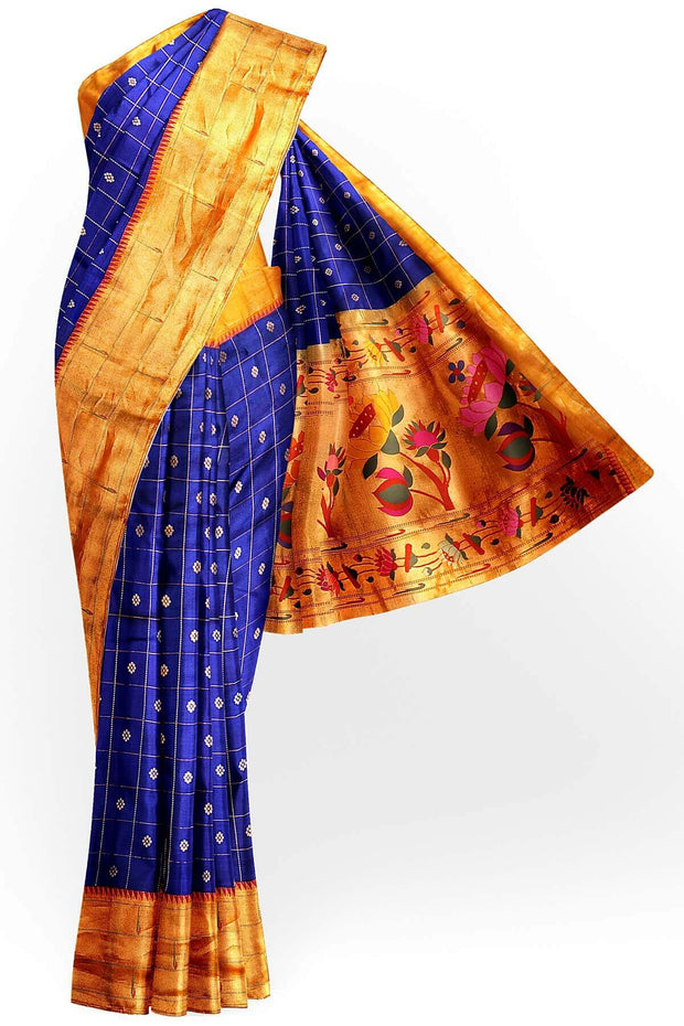 Paithani pure silk saree in violet with checks & buttis on the body .