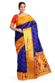 Paithani pure silk saree in violet with checks & buttis on the body .