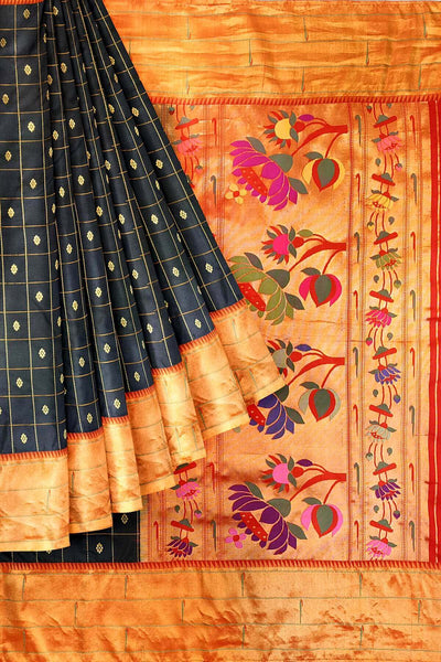 Paithani pure silk saree in black with checks & buttis on the body .