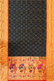 Paithani pure silk saree in black with checks & buttis on the body .