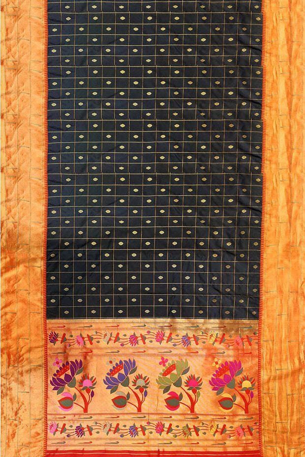 Paithani pure silk saree in black with checks & buttis on the body .