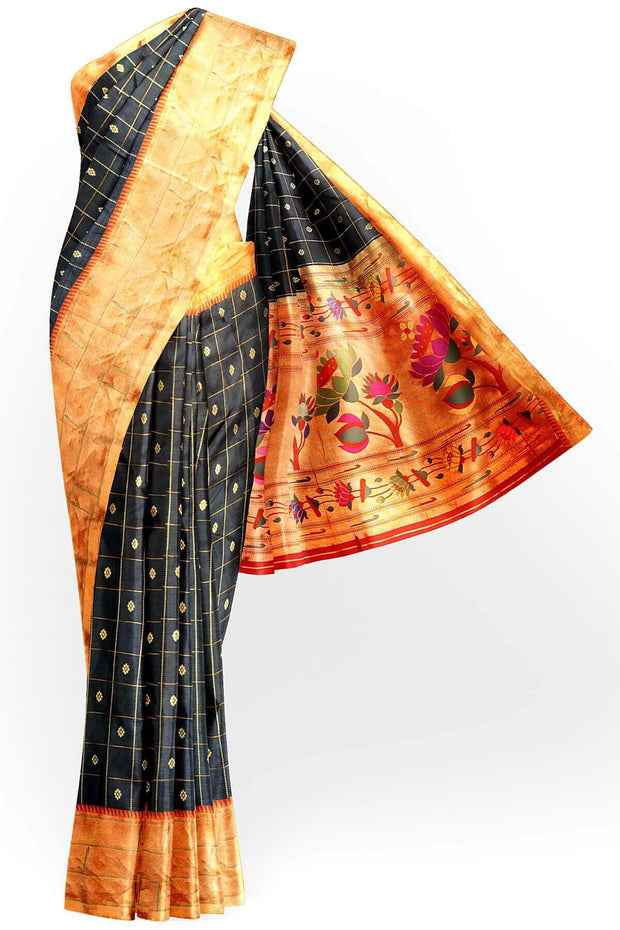 Paithani pure silk saree in black with checks & buttis on the body .