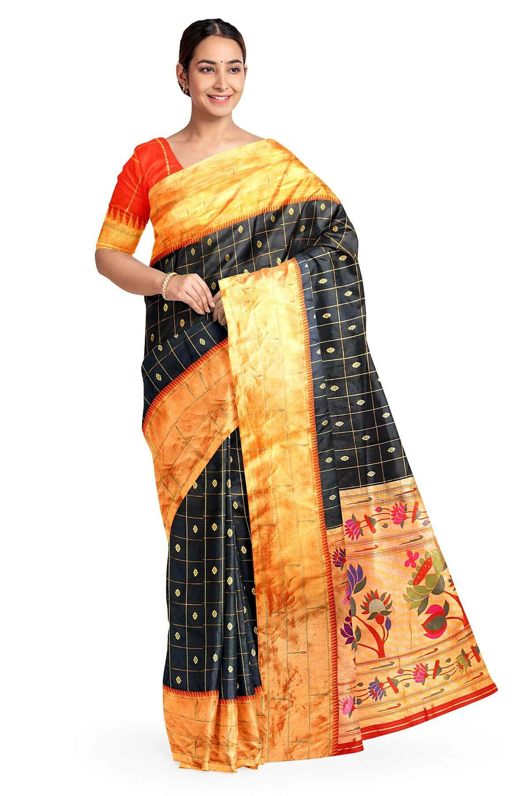 Paithani pure silk saree in black with checks & buttis on the body .