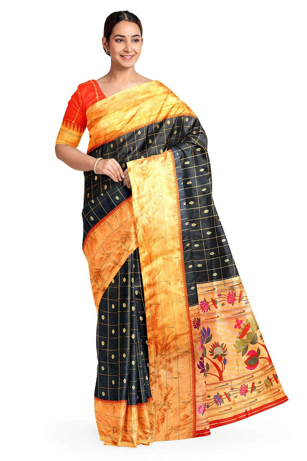 Paithani pure silk saree in black with checks & buttis on the body .