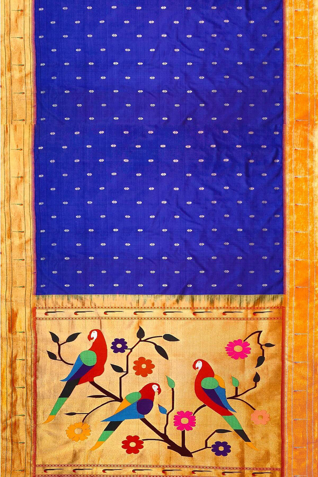Paithani pure silk saree in royal blue with small floral motifs  on the body .