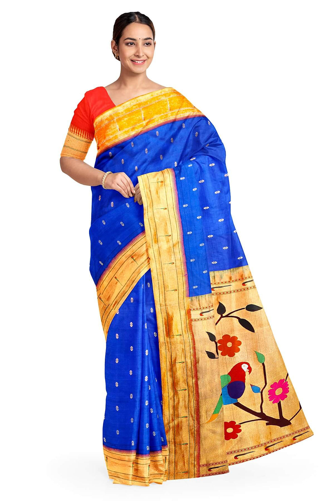 Paithani pure silk saree in royal blue with small floral motifs  on the body .