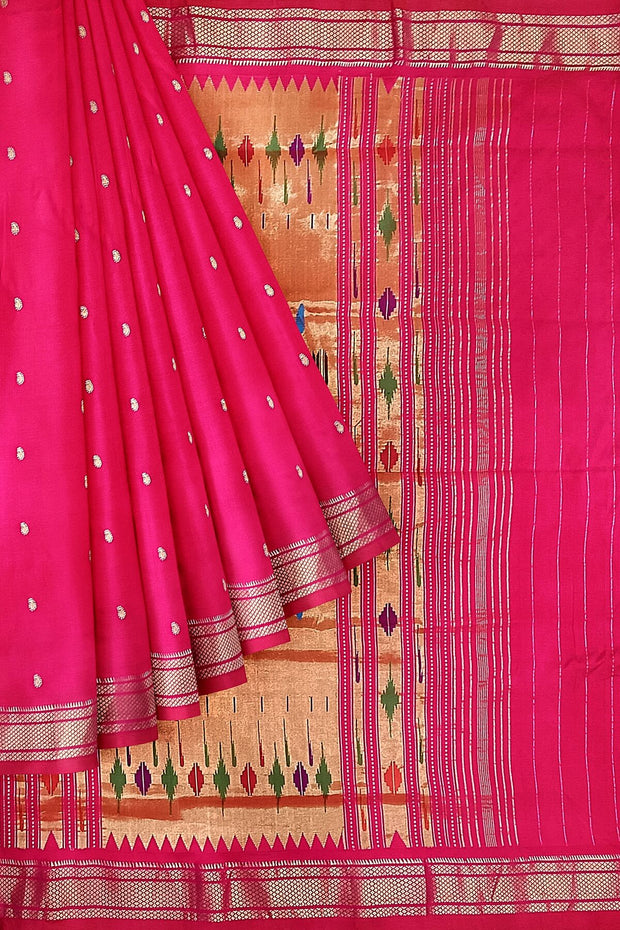 Handwoven Paithani pure silk saree in pink with small mango motifs