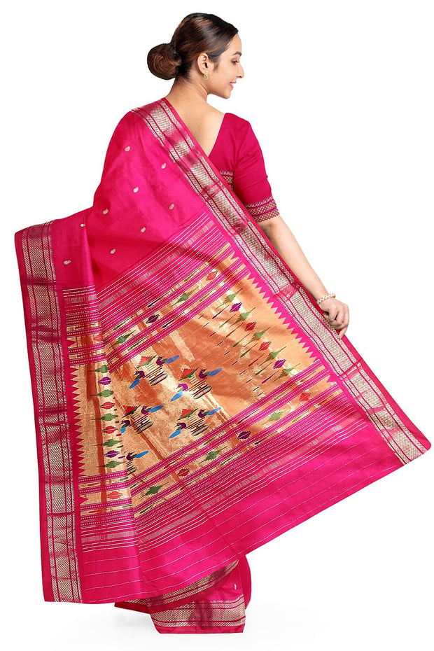 Handwoven Paithani pure silk saree in pink with small mango motifs