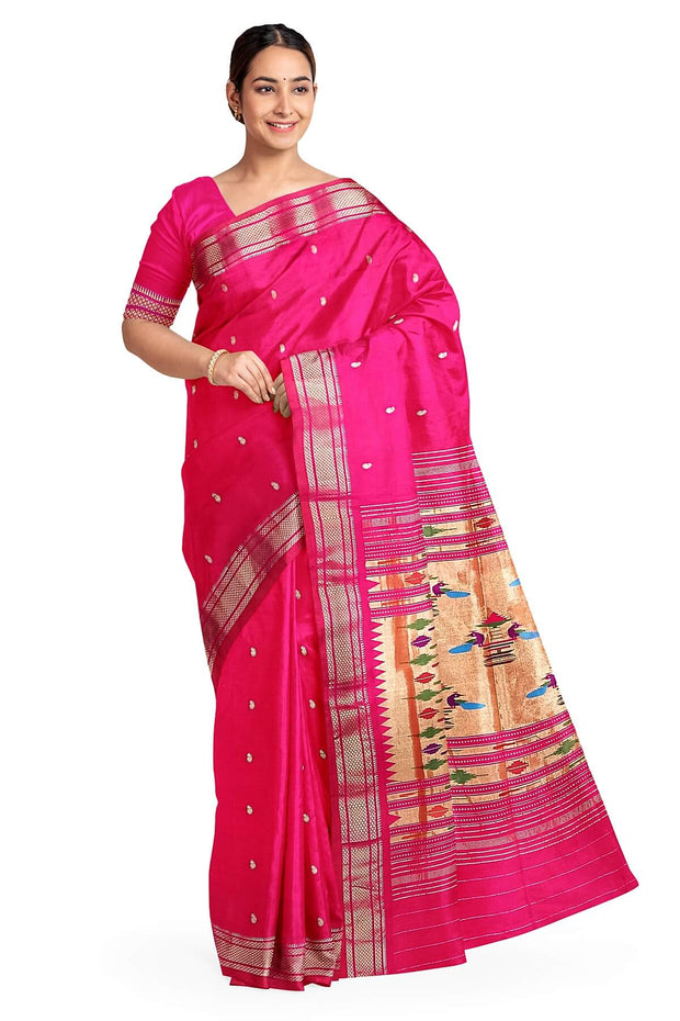 Handwoven Paithani pure silk saree in pink with small mango motifs