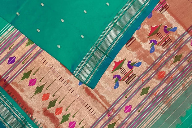 Handwoven Paithani pure silk saree in rama green with mango motifs