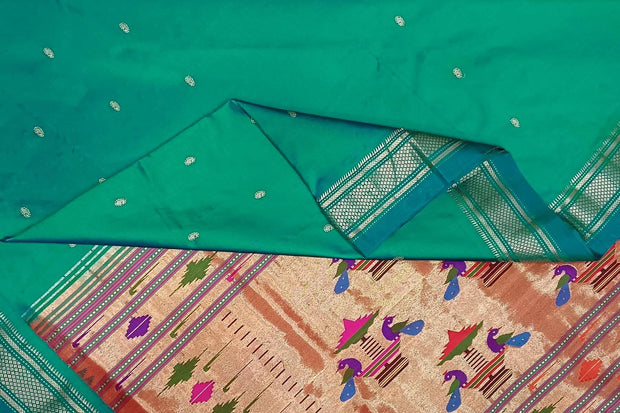 Handwoven Paithani pure silk saree in rama green with mango motifs