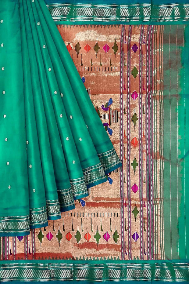 Handwoven Paithani pure silk saree in rama green with mango motifs
