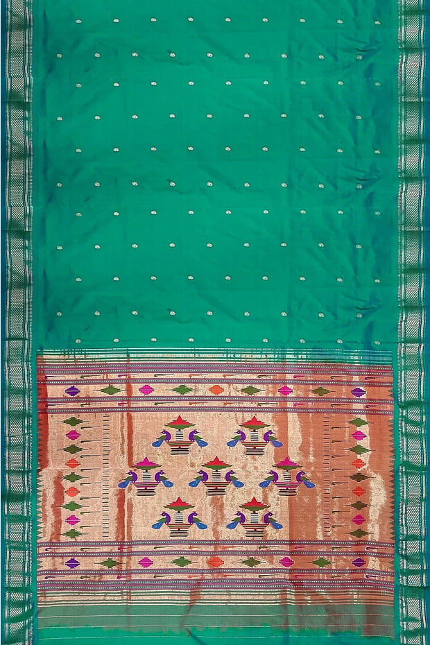 Handwoven Paithani pure silk saree in rama green with mango motifs