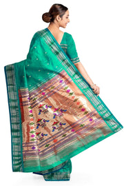 Handwoven Paithani pure silk saree in rama green with mango motifs