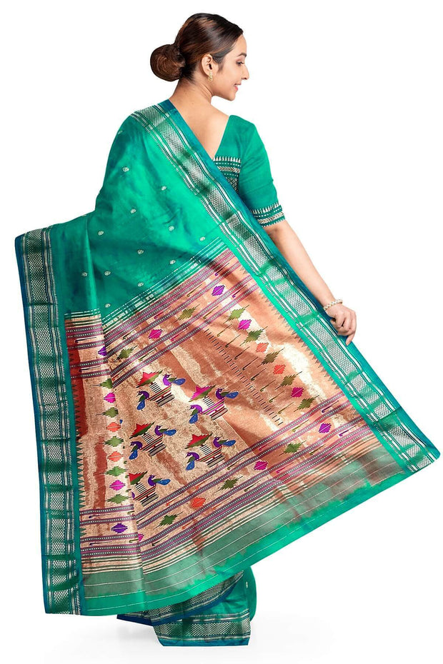 Handwoven Paithani pure silk saree in rama green with mango motifs