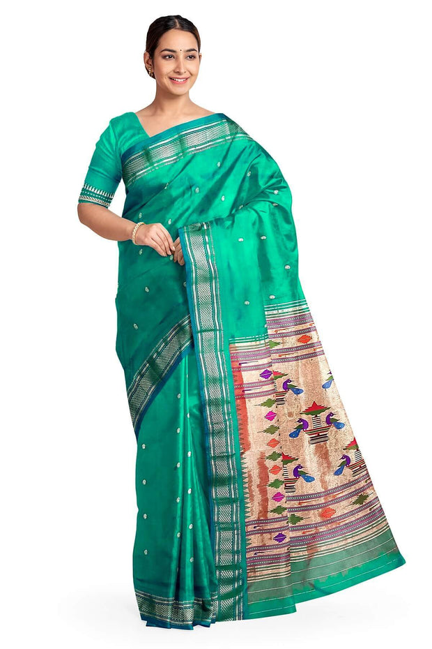 Handwoven Paithani pure silk saree in rama green with mango motifs