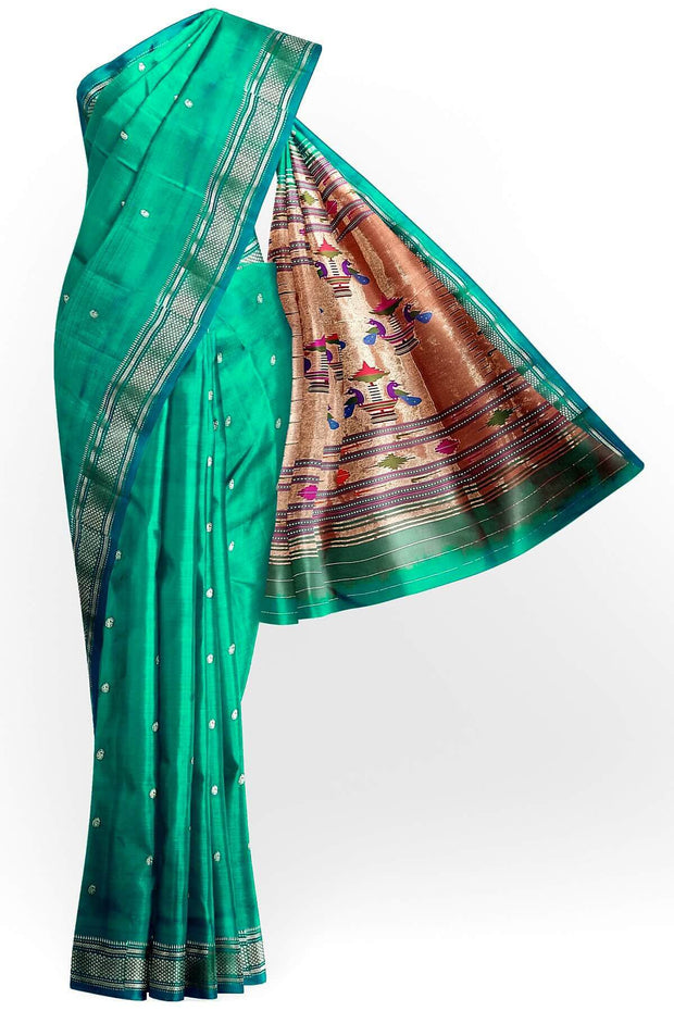 Handwoven Paithani pure silk saree in rama green with mango motifs